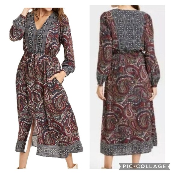 KNOX ROSE Women’s Navy Blue Paisley Print Maxi Dress Button Front Size Medium - Picture 1 of 7